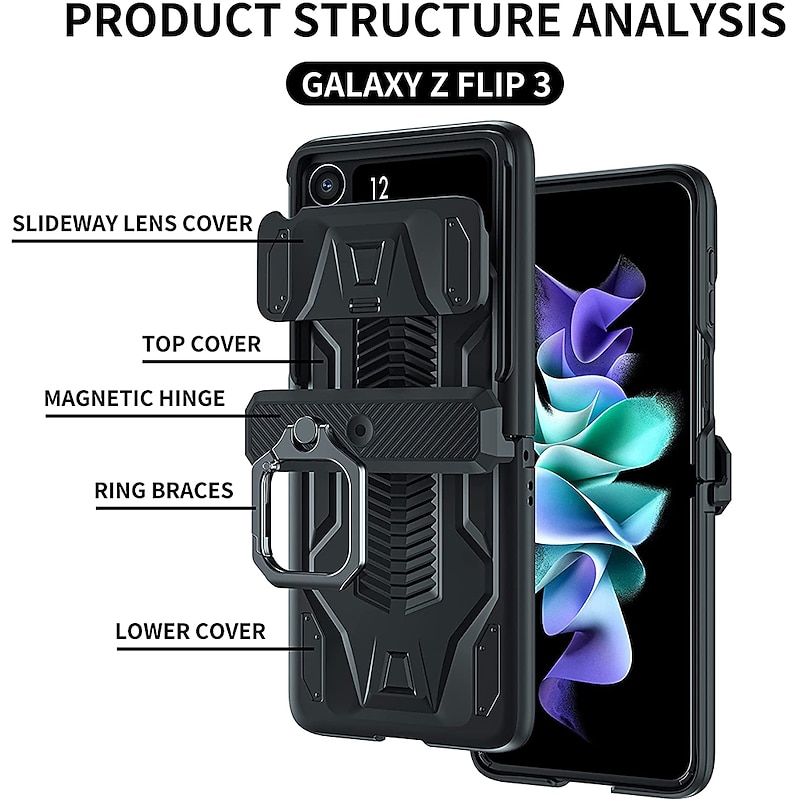 Phone Case For Samsung Galaxy Z Flip 4 Z Flip 3 Heavy Duty Ring Holder Magnetic Camera Lens Protector Solid Colored PC2
