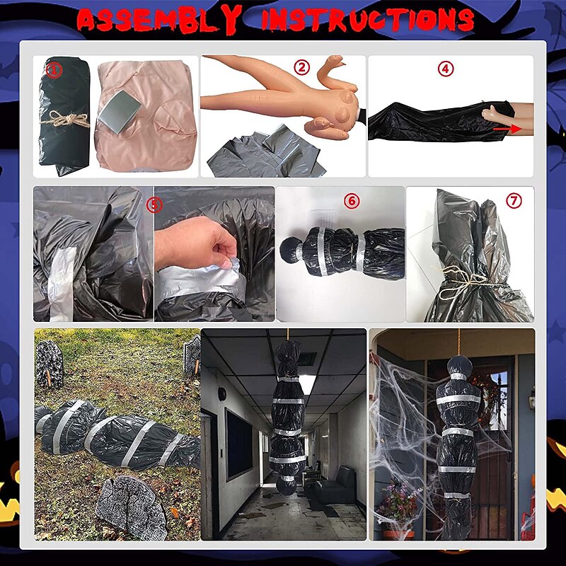 Halloween Decorations Dead Victim Props,Scary Fake Corpse with Pump,152cm Hanging Scary Fake Corpse in Bag Death Victim Halloween Outdoor Props Creepy Haunted House Halloween Decorations3