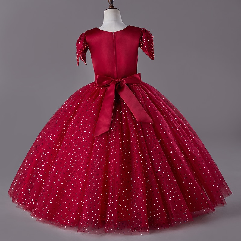 Kids Girls' Dress Sequin Plain Short Sleeve Party Festival Sequins Mesh Beaded Princess Sweet Cotton Polyester Midi Summer 4-13 Years Red Green4