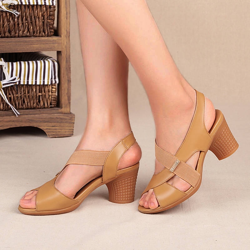 Women's Khaki Slingback Block Heel Sandals with Elastic Straps and Peep Toe, Comfortable Summer Shoes for Walking, Office, and Daily Casual Wear