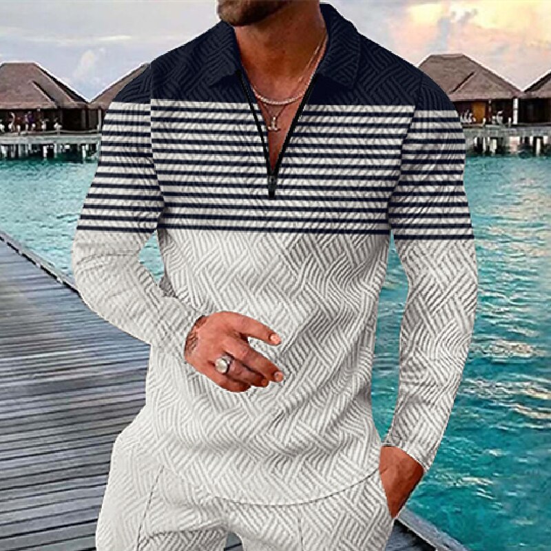 Men's Striped Hawaiian Polo Shirts Golf Shirt Long Sleeve Polo Shirts Collared Shirts Casual Beach Wear Vacation Wear Party Outfits 3D Print Quarter Zip Polo Black Red Navy Blue