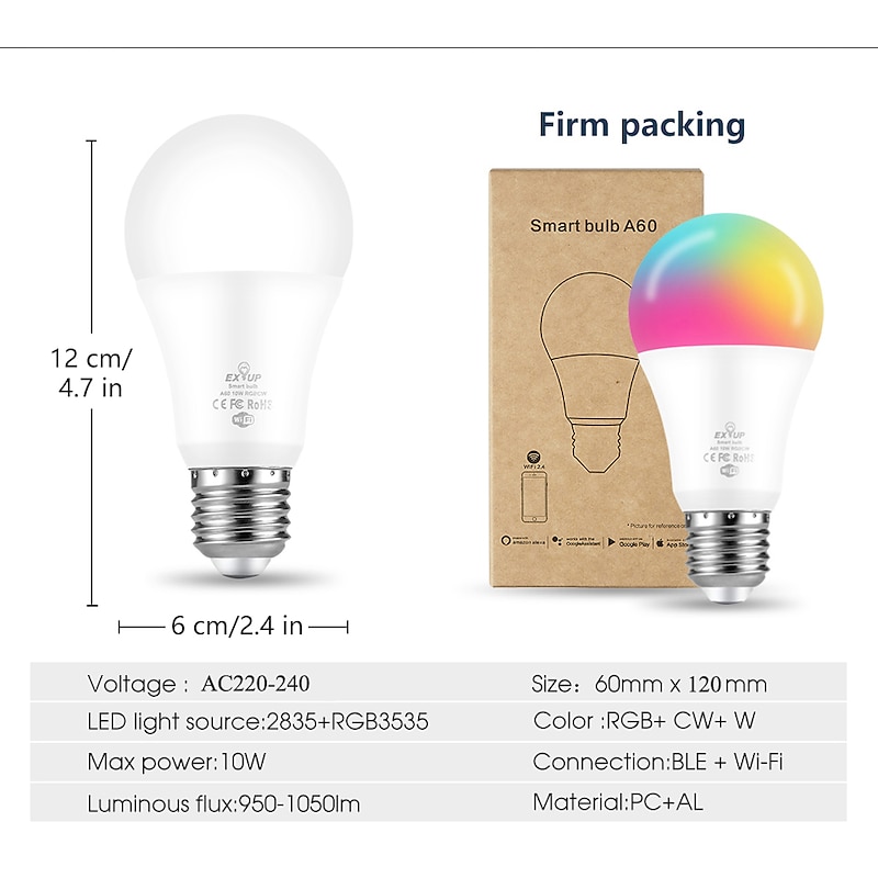 6pcs 4pcs 2pcs 1pc 10 W LED Smart Bulbs 1050 lm E27 A60(A19) 34 LED Beads SMD APP Control Smart Timing RGB+Cold&Warm White 220-240 V2