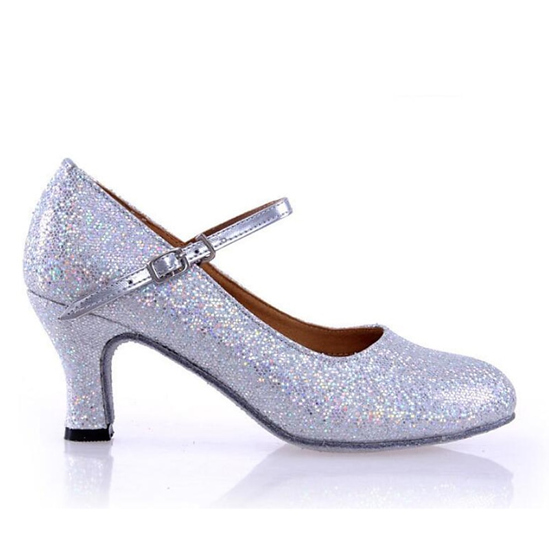 Women's Silver Glitter Ballroom Dance Shoes with Suede Sole – Elegant Heels for Latin, Salsa, and Performance Dancing4