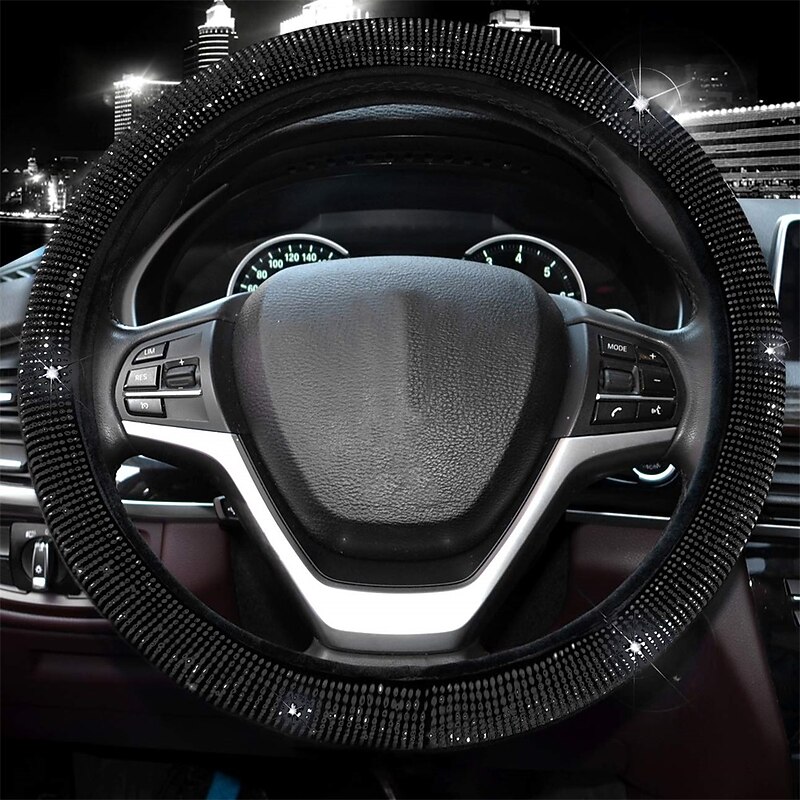Steering Wheel Cover for Women Men Bling Bling Crystal Diamond Sparkling Car SUV Wheel Protector Universal Fit 15 Inch (Black with Blue DiamondStandard Size2