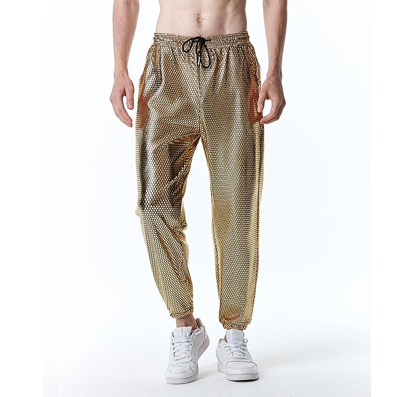 Men's Joggers Trousers Chinos Casual Pants Sequin Pants Drawstring Elastic Waist Shiny Metallic Solid Color Nightclub Disco Lights Casual Hip Hop Silver Black4