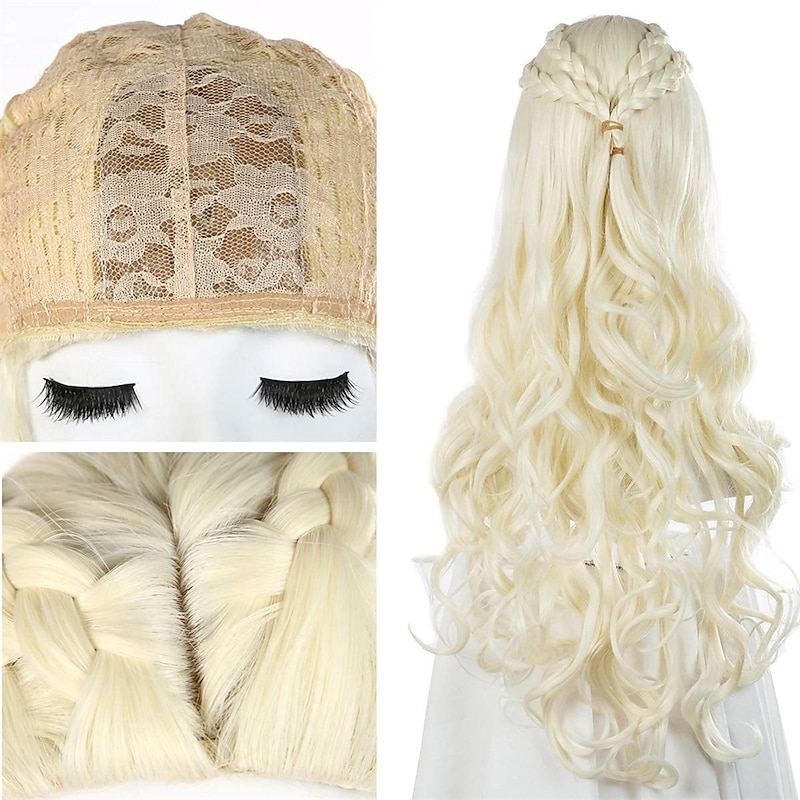 Daenerys Targaryen Wigs Long Curly Blonde Braid Cosplay Wig for Women   Hair Wig Halloween Wigs3