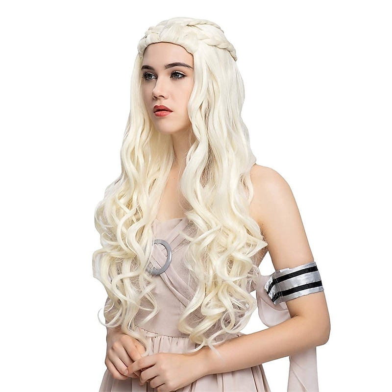 Daenerys Targaryen Wigs Long Curly Blonde Braid Cosplay Wig for Women   Hair Wig Halloween Wigs