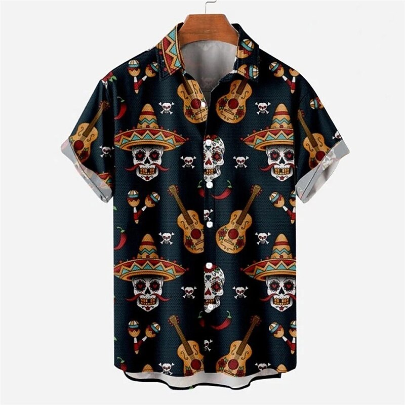 Men's Skull Halloween Costumes Shirt Short Sleeves Fashion Designer Casual Outdoor Halloween Street Summer Spring Turndown Print Button-Down Navy Blue Blue Purple Green