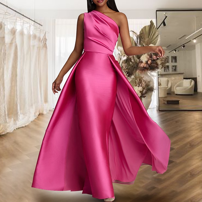 Beach Wedding Sheath Evening Gown Elegant Dress Wedding Guest Cocktail Party Floor Length Sleeveless One Shoulder Satin with Overskirt Pure Color3