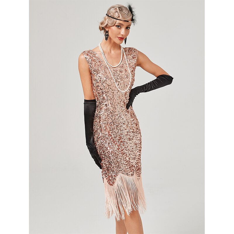 Set with Midi Flapper Dress Feather Headband Opera Gloves Necklace Earings Bracelet Women's Roaring 20s 1920s Outfits Cocktail Masquerade Wedding Prom Gatsby Christmas Attire Party Dress4