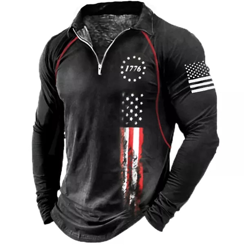 Men's American Flag Veterans Zip Polo Shirts Golf Shirt Long Sleeve Polo Shirts Collared Shirts Casual Streetwear Vacation Wear Party Outfits 3D Print Quarter Zip Polo Black Red Navy Blue