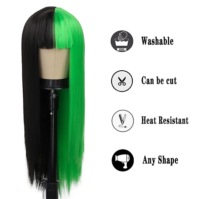 Kaneles Half Black Half Green Wig Long Straight Hair with Bangs Cosplay Natural Wavy Wig for Girls Cosplay Party Show Halloween Wigs3