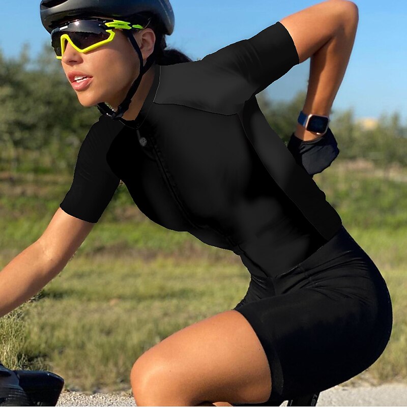 Women's Cycling Jersey Solid Color Short Sleeve Bike Jersey Top with 3 Rear Pockets Mountain Bike MTB Road Bike Cycling Quick Dry Reflective Strips Back Pocket Moisture Wicking Sports Black White4