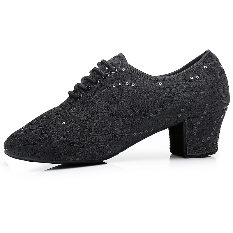 Women's Black Lace Dance Shoes with Mid Heel - Elegant Sequin Latin and Ballroom Shoes for Performance3