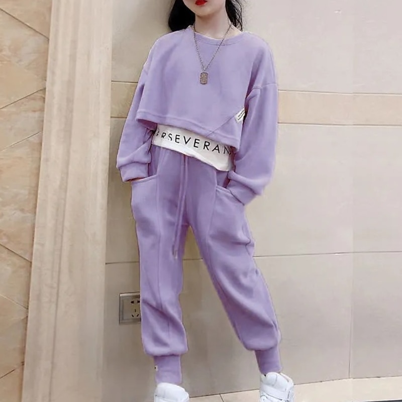 Kids Girls' Sweatshirt & Pants 2 Pieces Clothing Set Long Sleeve Gray Purple Pink Solid Color Sports Vacation Fashion Comfort 3-12 Years2