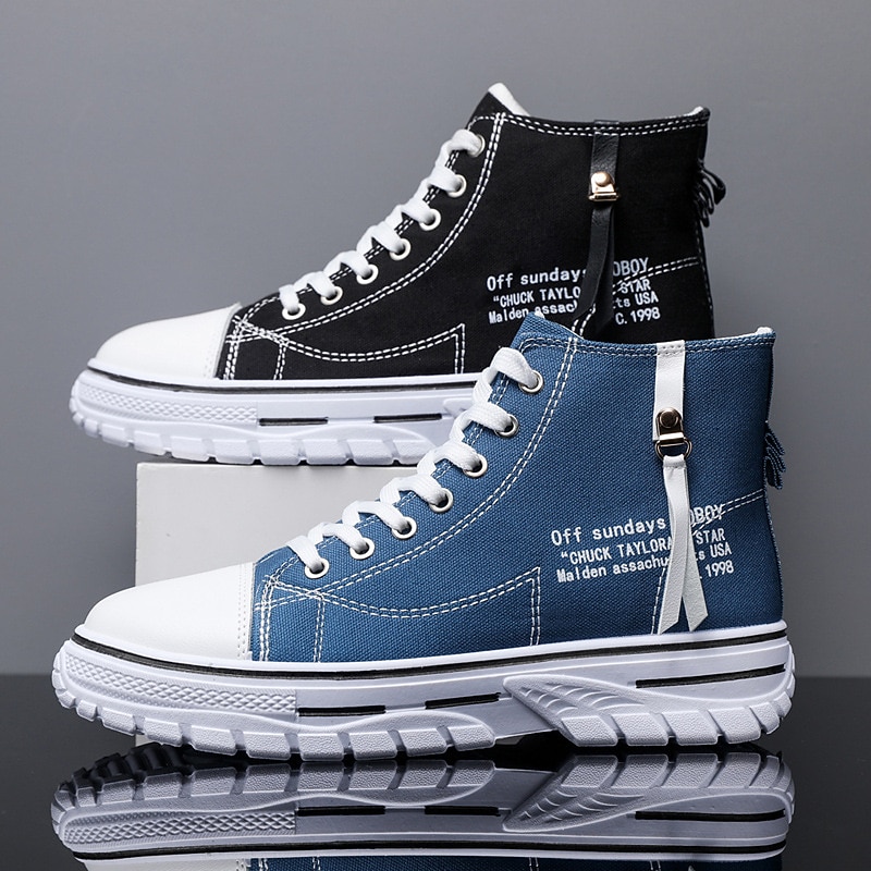 Men's Blue High-Top Canvas Sneakers with White Sole and Lace-Up Design, Casual Athletic Shoes for Streetwear and Daily Wear