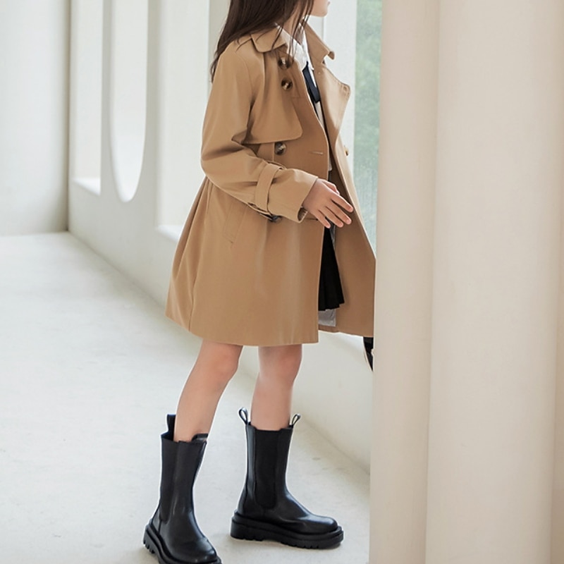 Kids Girls' Trench Coat Outerwear Plain Long Sleeve Coat Street Cotton Cool Khaki Winter Fall 4-13 Years3