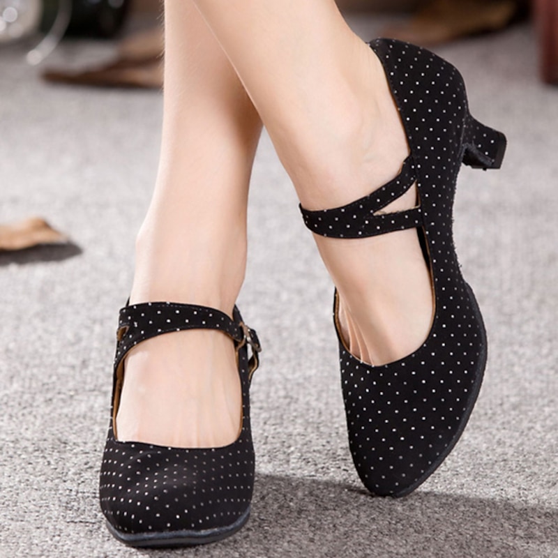 Women's Vintage Polka Dot Dance Shoes - Mid-Heel Mary Jane Style with Cross Strap for Ballroom, Latin, and Performance Events2