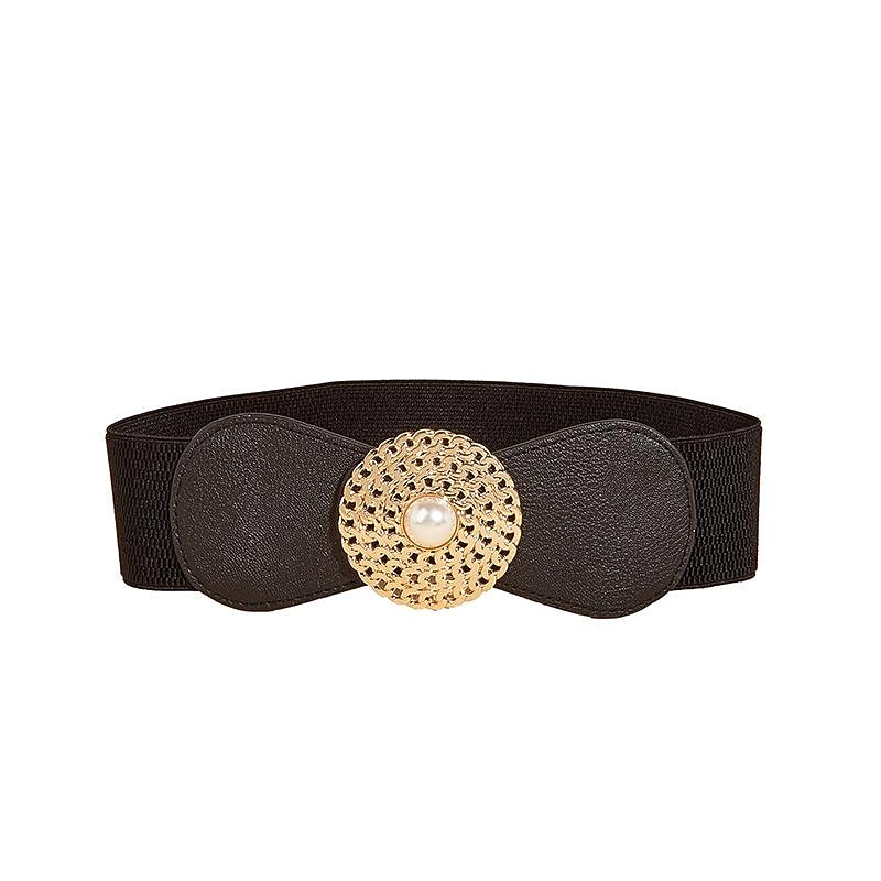 round buckle chain elastic elastic girdle female outer suit dress pearl disc black retro belt4