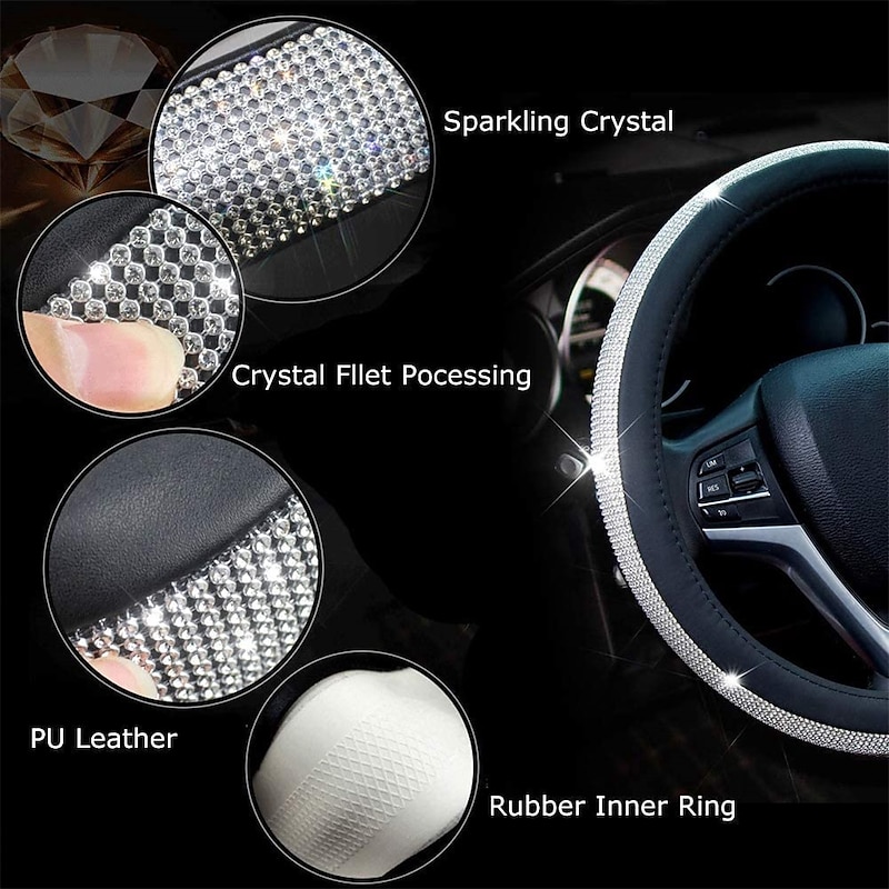 New Diamond Leather Steering Wheel Cover with Bling Bling Crystal Rhinestones Universal Fit 15 Inch Car Wheel Protector for Women Girls3