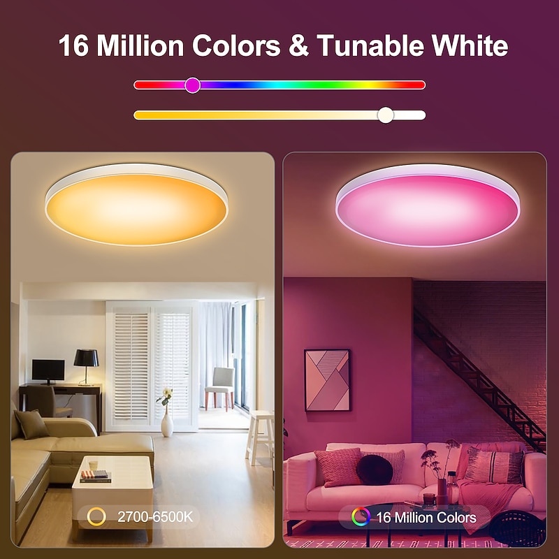 RGBCW Full Color Intelligent Dimming and Color Matching Bedroom Ceiling Lamp 24W WiFi Graffiti APP Bluetooth Voice Ceiling Lamp Can be Timed 2.4G Be Grouped Compatible with Alexa Google Home4