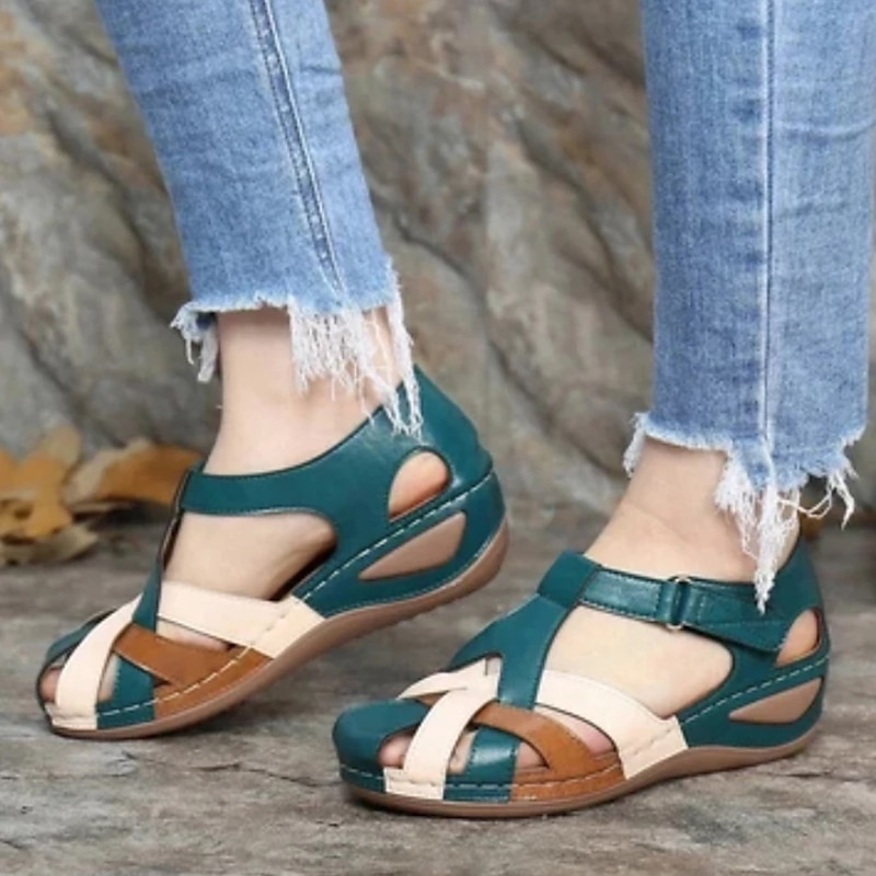 Women's Sandals Wedge Sandals Plus Size Barefoot Sandals Outdoor Office Daily Color Block Solid Colored Summer Buckle Wedge Heel Round Toe Closed Toe Classic Casual Walking PU Leather Faux Leather2