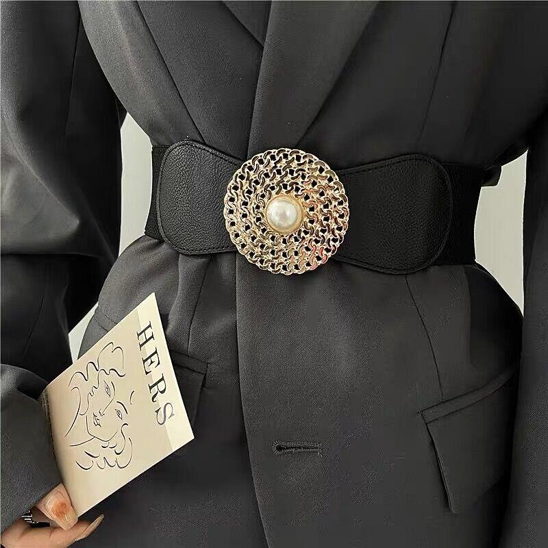 round buckle chain elastic elastic girdle female outer suit dress pearl disc black retro belt3