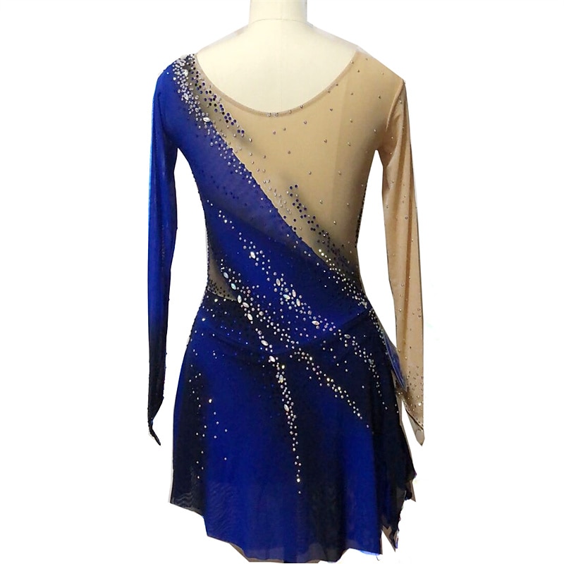 Figure Skating Dress Women's Girls' Ice Skating Dress Royal Blue Thumbhole Spandex High Elasticity Training Competition Skating Wear Handmade Crystal / Rhinestone Long Sleeve Ice Skating Figure2
