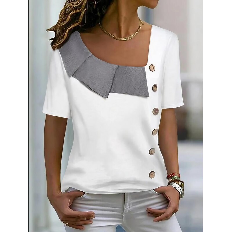 Women's Shirt Blouse Streetwear Casual Color Block Buttons Print Short Sleeve Regular Tops V Neck Daily Weekend White Yellow Blue