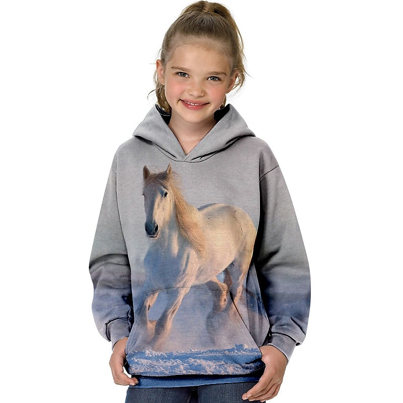 Girls' 3D Animal Horse Hoodie Long Sleeve 3D Print Fall Winter Fashion Streetwear Adorable Kids 3-13 Years Outdoor Daily Indoor Regular Fit