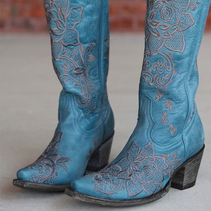 Turquoise Women's Western Cowboy Boots with Intricate Floral Embroidery for Stylish and Casual Wear2