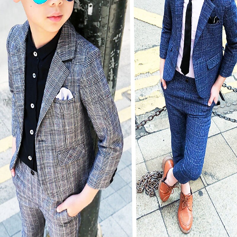 3 Pieces Ring Bearer Suit Boys Kids Suit Formal Suit Suit & Blazer Clothing Set Party Street Cool Gentle Plaid Navy Blue Dark Gray Cotton2