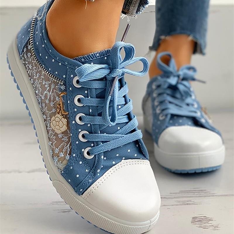 Charming Blue Lace-Up Sneakers with Floral Lace Detail - Stylish Women's Footwear with Polka Dot Accents, Perfect for Casual Outings2