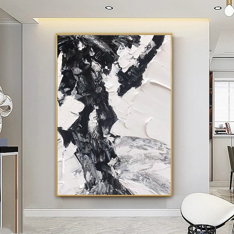 Handmade Hand Painted Oil Painting Wall Art Modern Abstract Black and White Painting Home Decoration Decor Rolled Canvas No Frame Unstretched