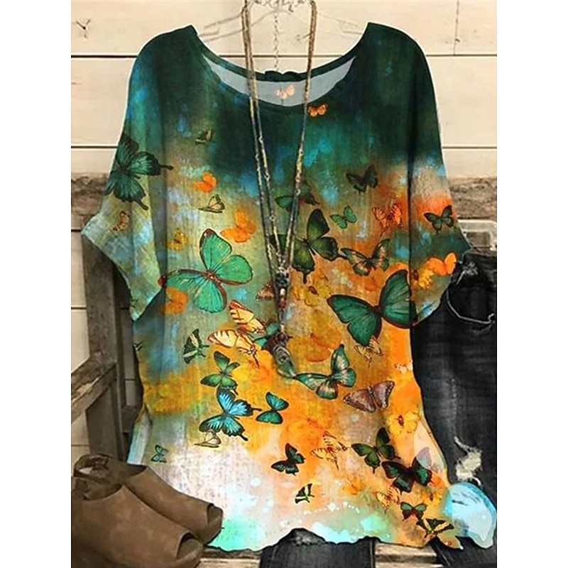 Women's Plus Size Blouse Floral Vintage Streetwear Holiday Short Sleeve Dolman Sleeve Crew Neck Regular Tops Vacation Daily Print Yellow Red Summer Spring4