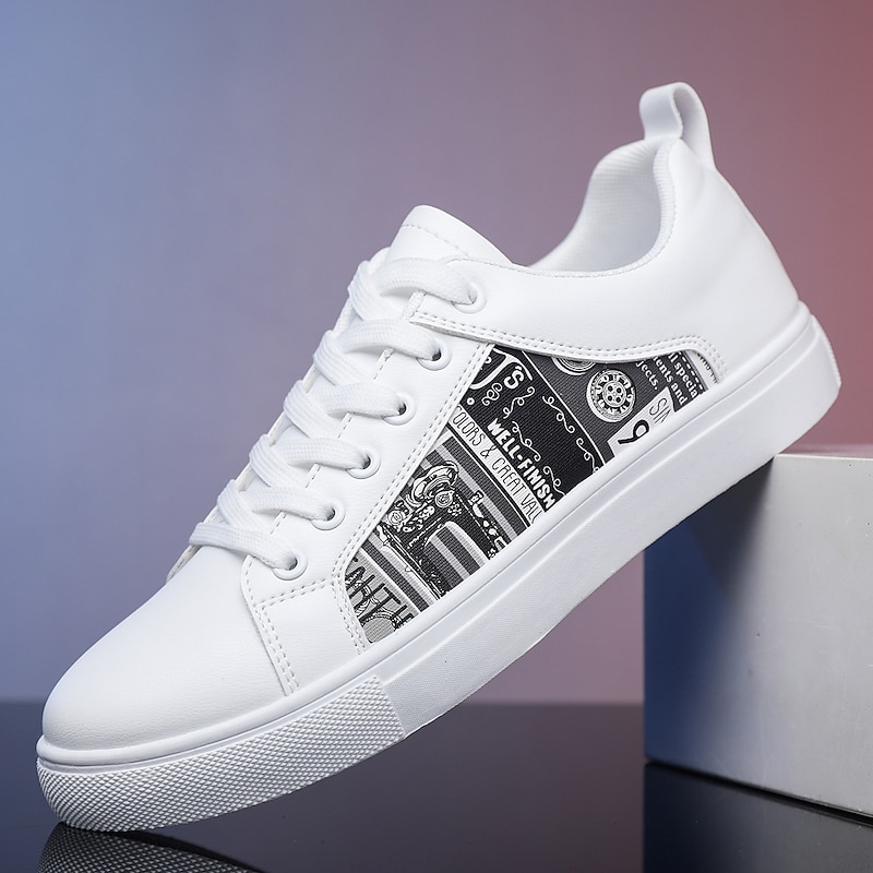 Men's White Casual Graphic Sneakers - Stylish Lace-Up Low-Top Shoes with Black and White Print for Streetwear and Everyday Wear