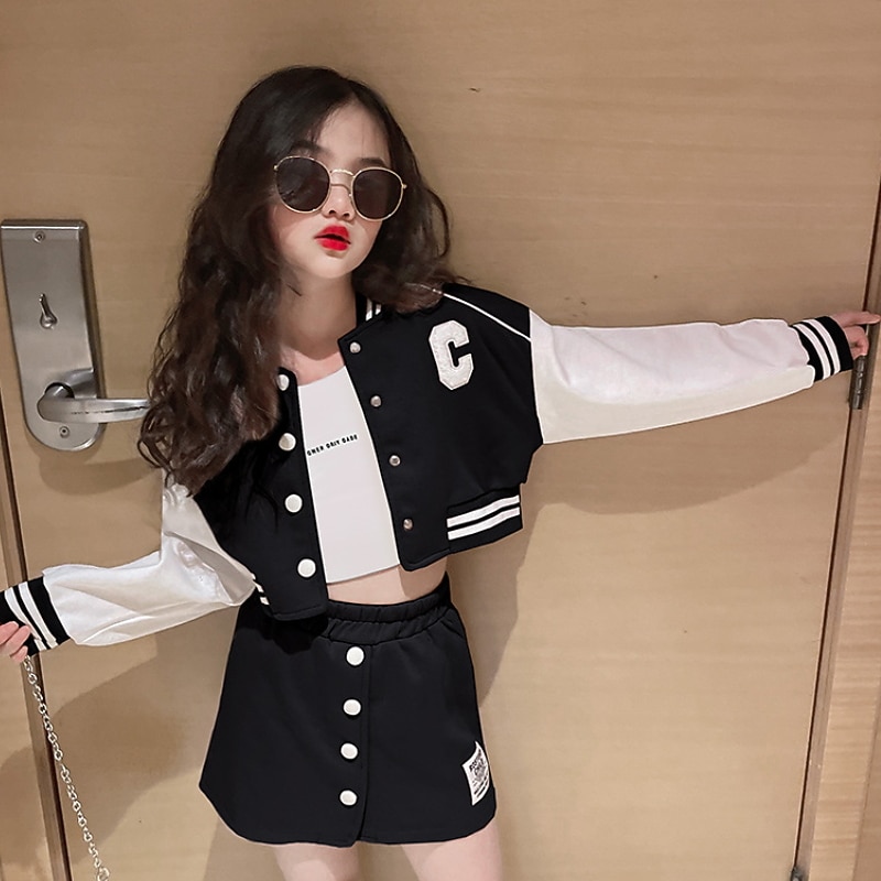 Girls' 3D Letter Skirt Set Clothing Set Long Sleeve Fall Winter Casual Preppy Style Cotton Kids 5-13 Years School Outdoor Regular Fit