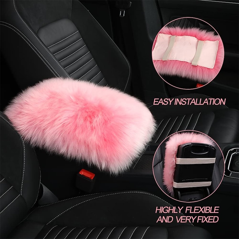 Auto Center Console Cover Pad Universal, Genuine Sheepskin Wool Fur Car Armrest Cover, Furry Fluffy Protector3