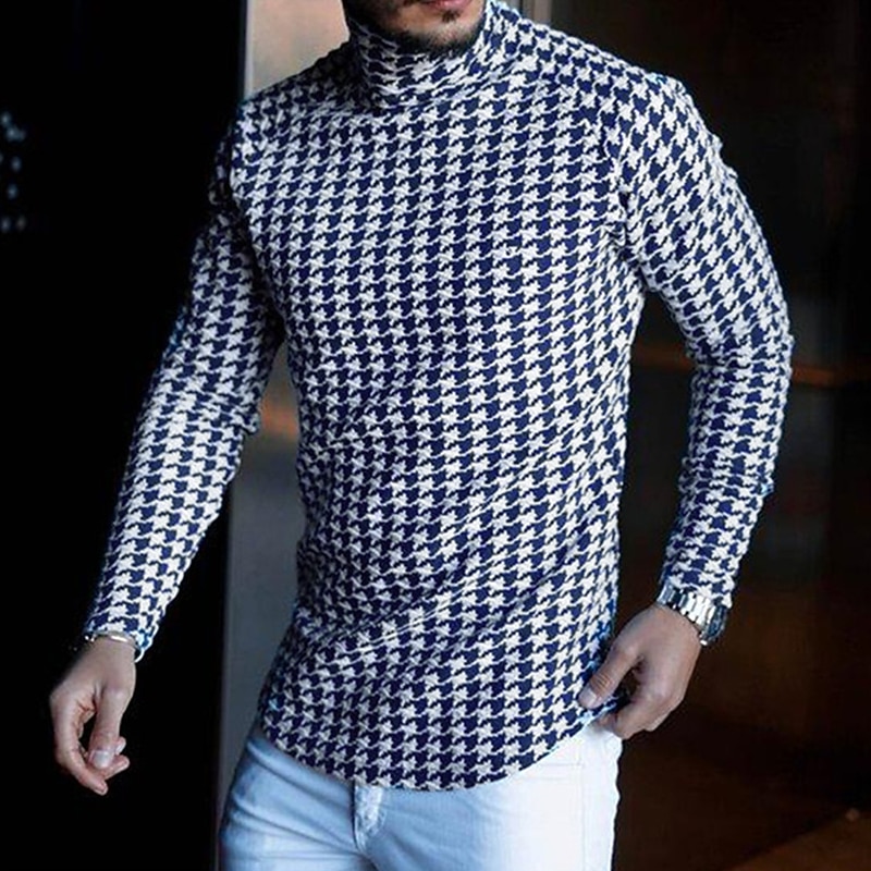 Men's T Shirt Turtleneck shirt Long Sleeve Shirt Long Sleeve Rolled collar Classic Collar Fall & Winter Plaid Houndstooth Lightweight Muscle Slim Fit Vacation Casual Holiday Black-White Black Yellow2