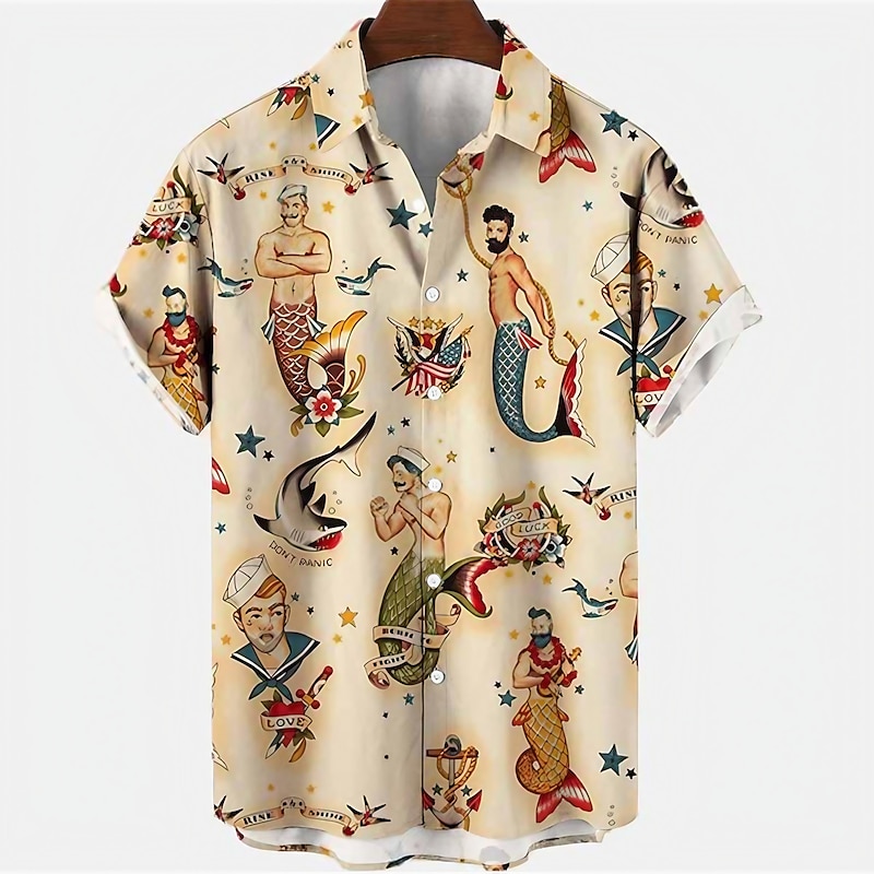 Men's Mermaid Shirt Summer Hawaiian Shirt Aloha Shirt Short Sleeves Shirt Turndown Vintage Fashion Designer Outdoor Street Casual Black White Yellow 3D Print S M L