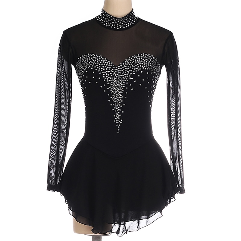 Figure Skating Dress Women's Girls' Ice Skating Dress Black Purple Yellow Open Back Spandex High Elasticity Training Competition Skating Wear Handmade Crystal / Rhinestone Long Sleeve Ice Skating