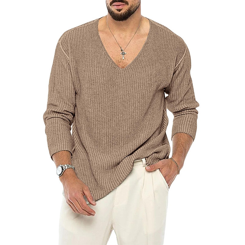 Men's Sweater Pullover Sweater Jumper Ribbed Knit Knitted V Neck Going out Weekend Clothing Apparel Winter Fall Black Pink M L XL