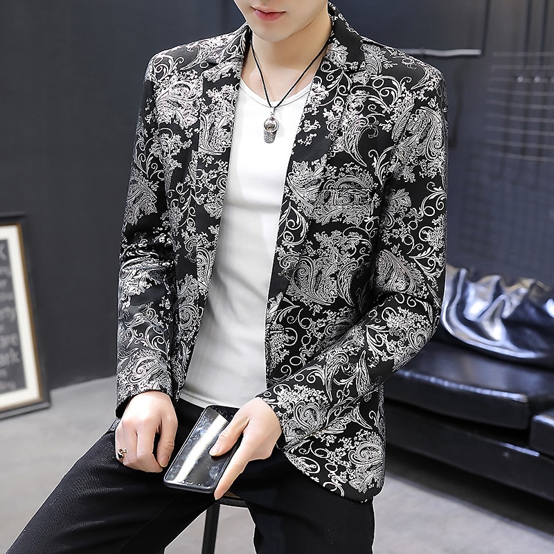Men's Jacket Blazer Party Ceremony Print Fall Print Party Elegant Shawl Collar Thin Regular Slim Black White Jacket2