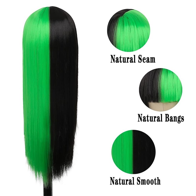 Kaneles Half Black Half Green Wig Long Straight Hair with Bangs Cosplay Natural Wavy Wig for Girls Cosplay Party Show Halloween Wigs2