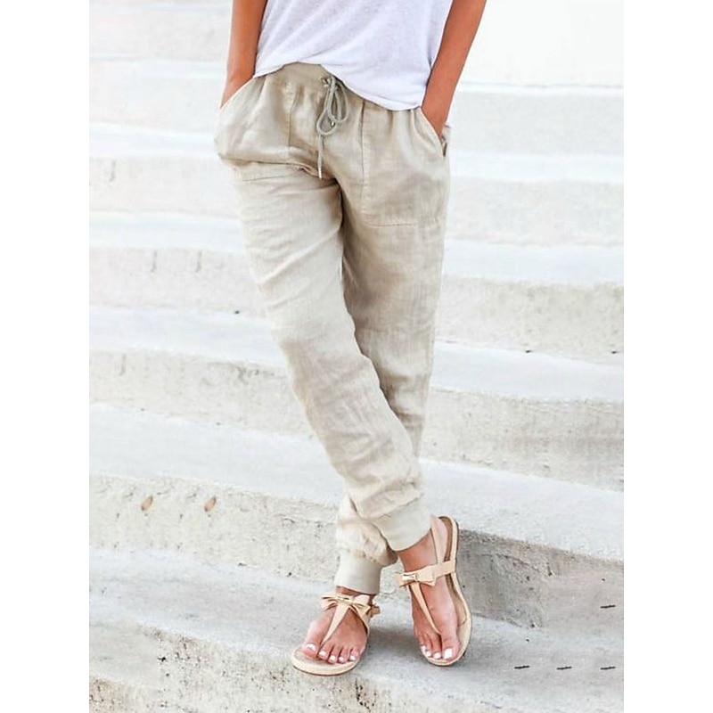 Women's Joggers Normal Faux Linen Plain Yellow Army Green Fashion Mid Waist Full Length Casual Weekend Autumn / Fall