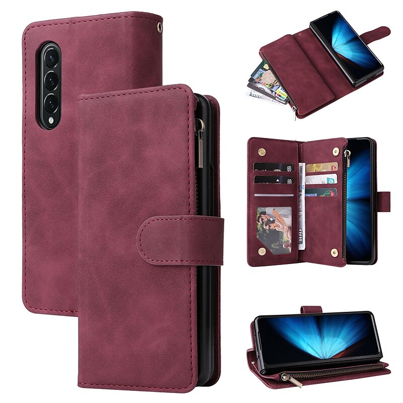 Phone Case For Samsung Galaxy Z Fold 7 Z Fold 6 Z Fold 5 Z Fold 4 Wallet Case Zipper With Card Holder Magnetic Flip Solid Colored PU Leather2