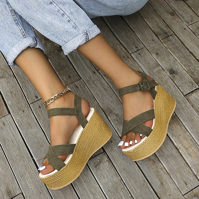 Women's Espadrille Wedge Sandals – Olive Green Suede Platform Strappy Summer Shoes with Buckle Closure, Casual Beach & Vacation Style2