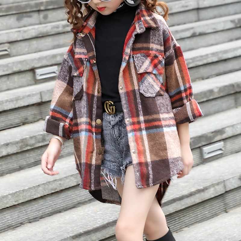 Kids Girls' Jacket Coat Outerwear Plaid Long Sleeve Coat Sport Punk Cool Red Winter Fall 3-12 Years