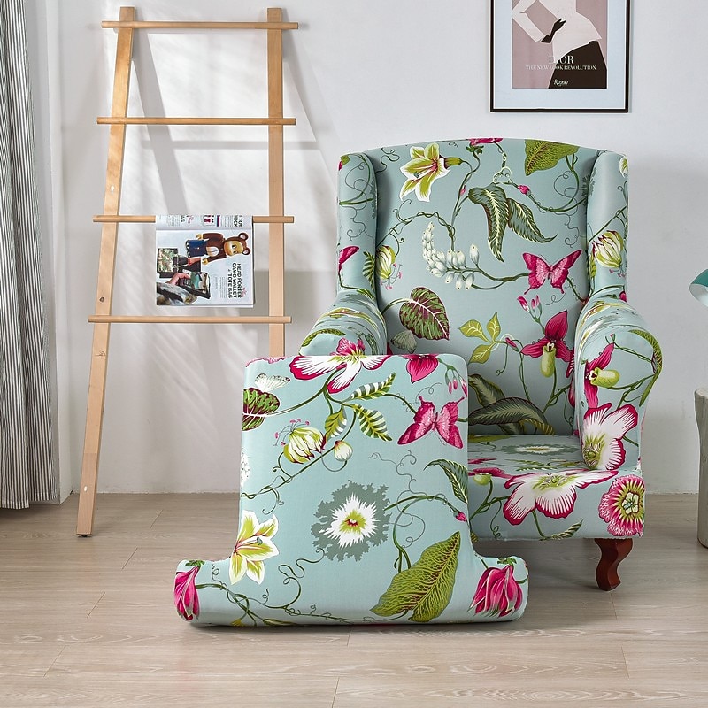 1 Set of 2 Pieces Stretch Wingback Chair Cover Floral Printed Wing Chair Slipcovers Spandex Fabric Wingback Armchair Covers with Elastic Bottom for Living Room Bedroom Decor4