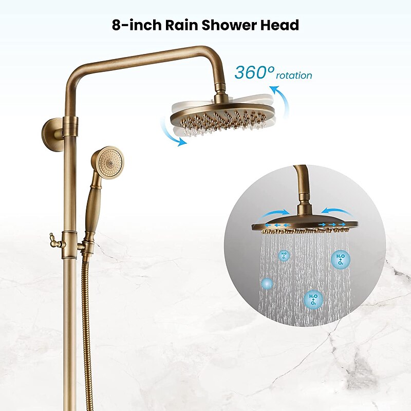Shower Faucet,Shower System Set,Rainfall Antique Brass Shower Fixture 8 Inch Shower Head Handled Shower Waterfall Tub Spout Wall Mounted Outdoor Shower System with Shower Shelf3